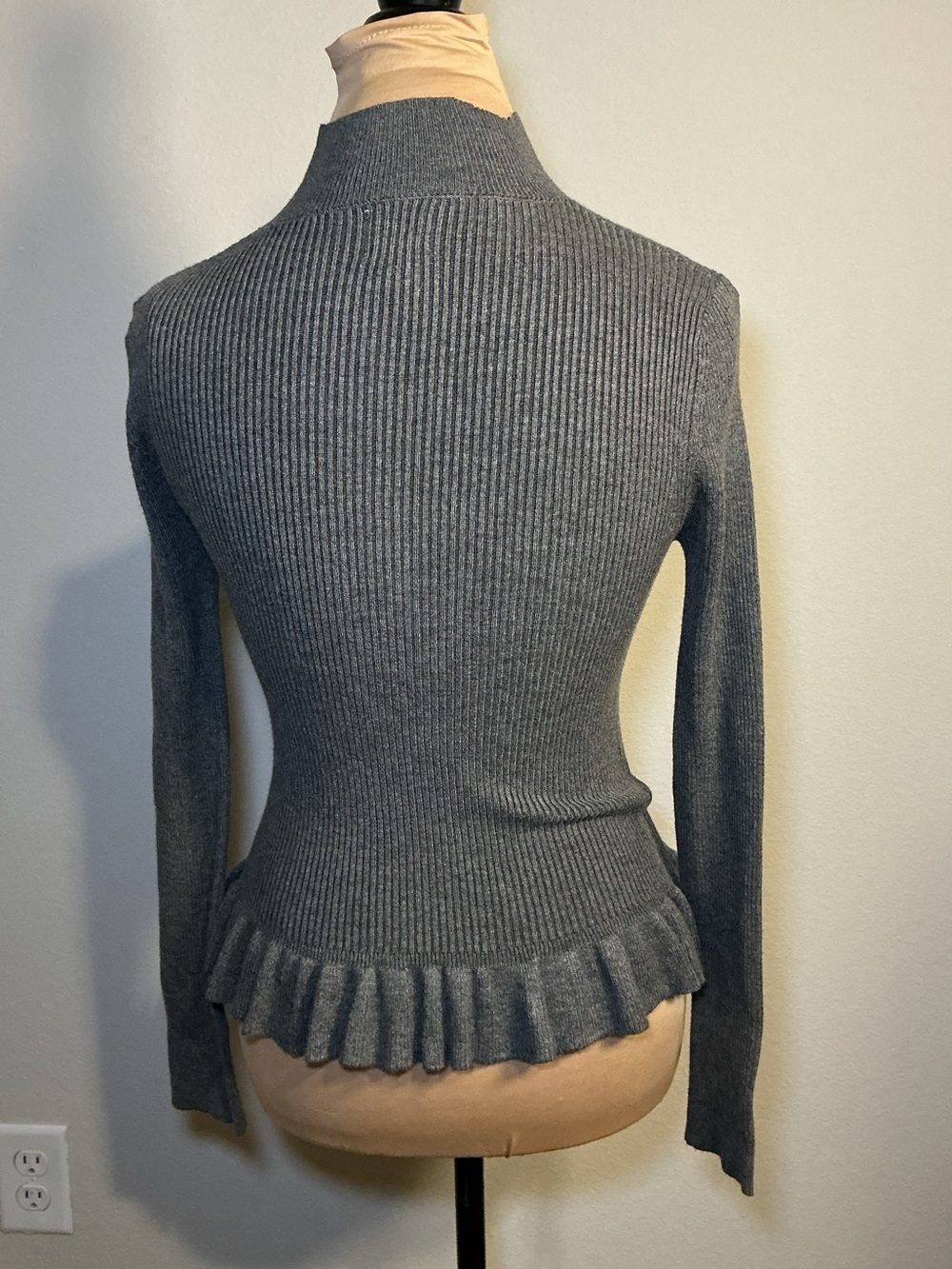 Gray Ribbed Mock Neck Sweater with Ruffle Hem - Picture 3 of 5